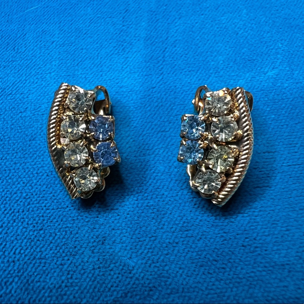 Vintage Gold, Blue, Light Green Rhinestone Clip Earrings